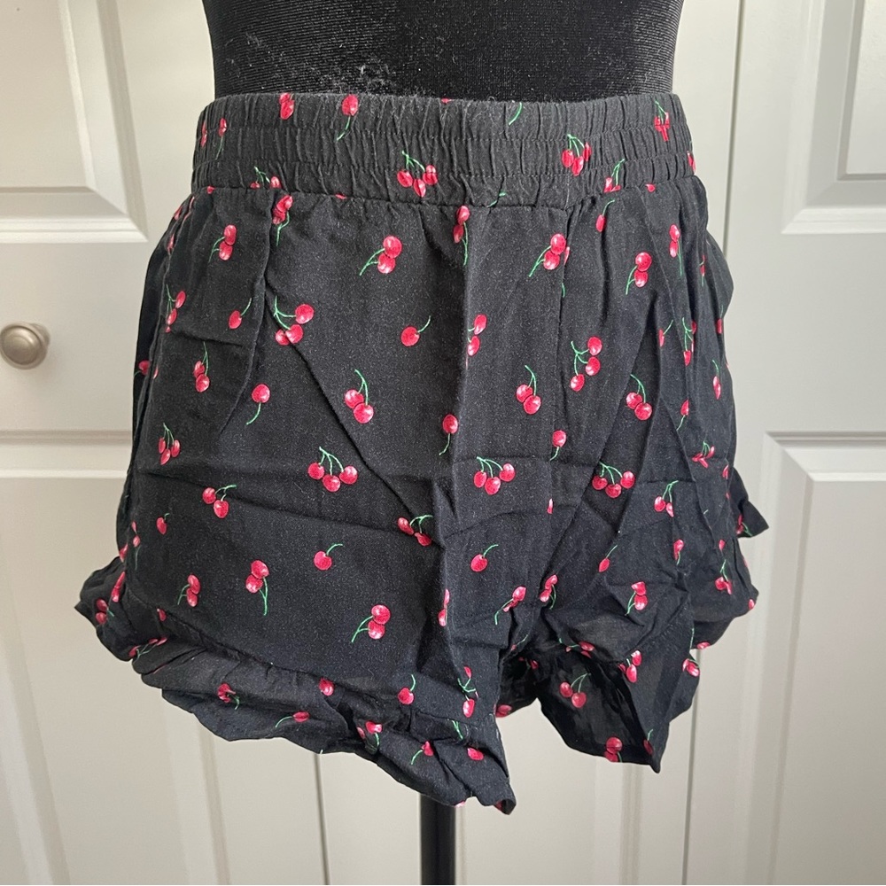 Forever 21 Black Ruffle Bottom Cherry Shorts